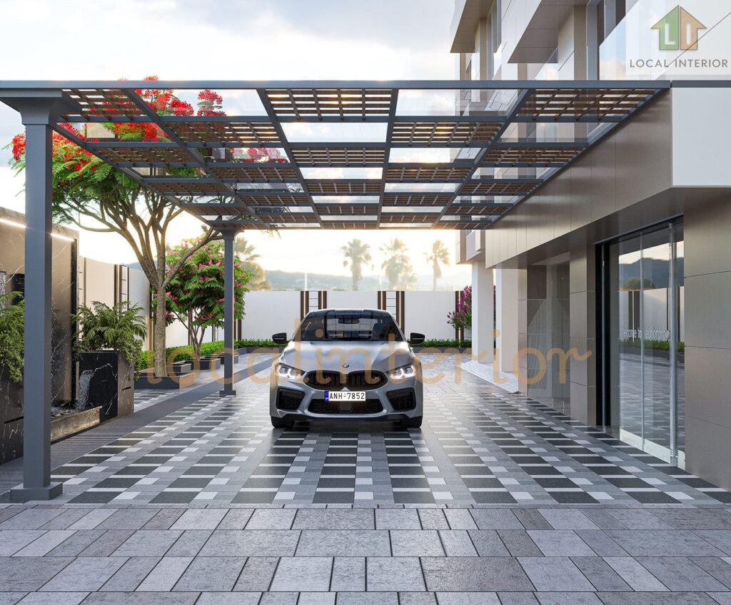 Luxury car porch and exterior parking 3D rendering