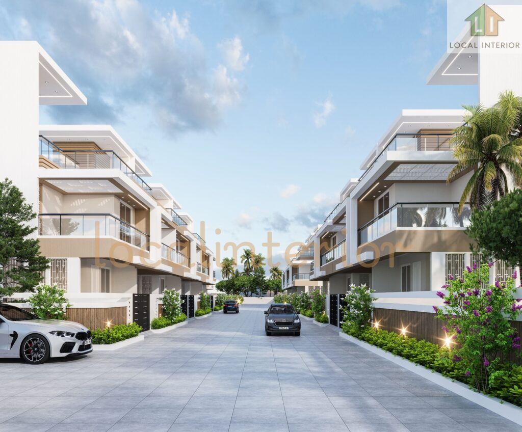 Luxury villa exterior street view 3D rendering