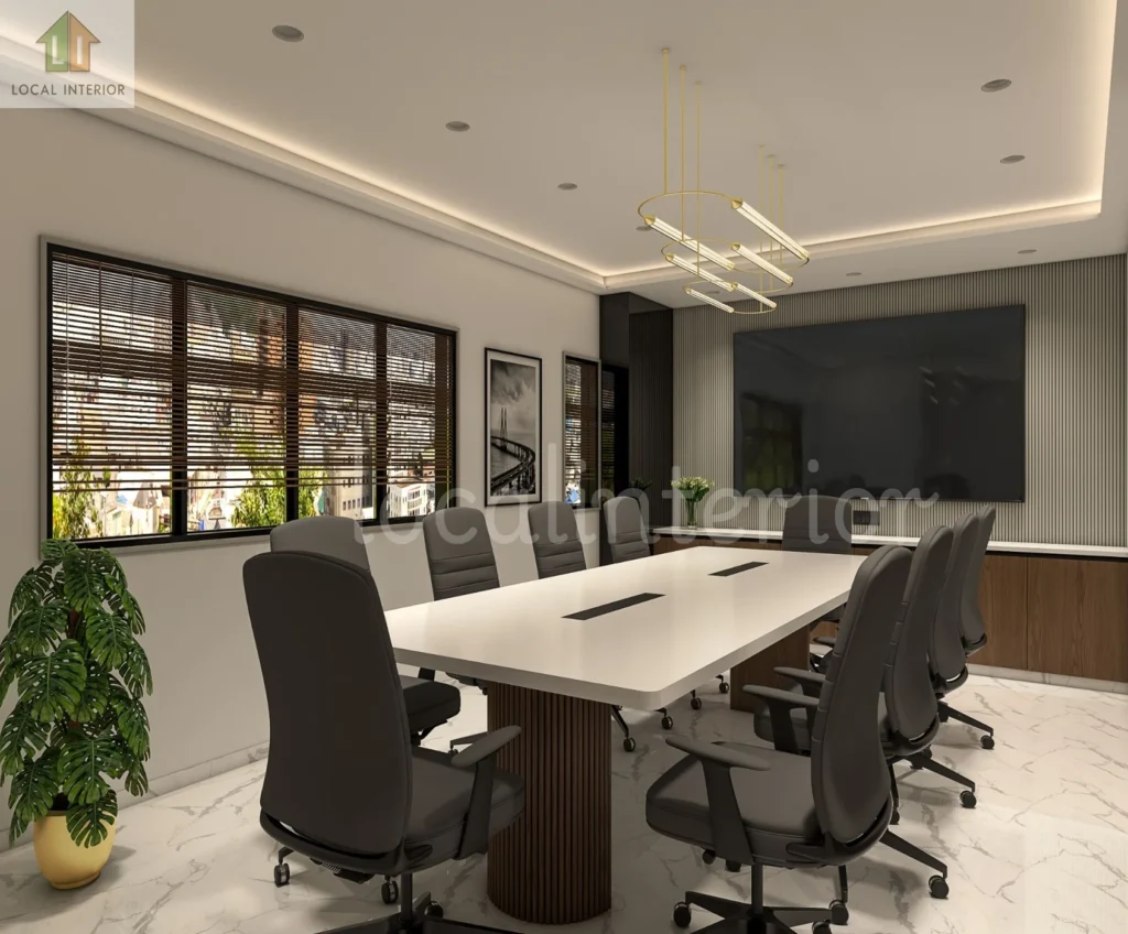 Contemporary corporate conference room design with sleek office furniture and elegant lighting