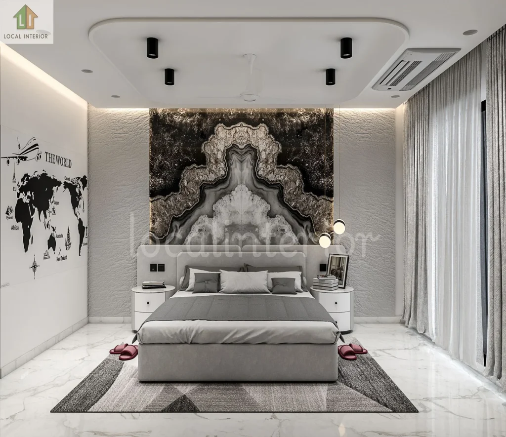 Luxury master bedroom interior design with decorative headboard wall and modern lighting