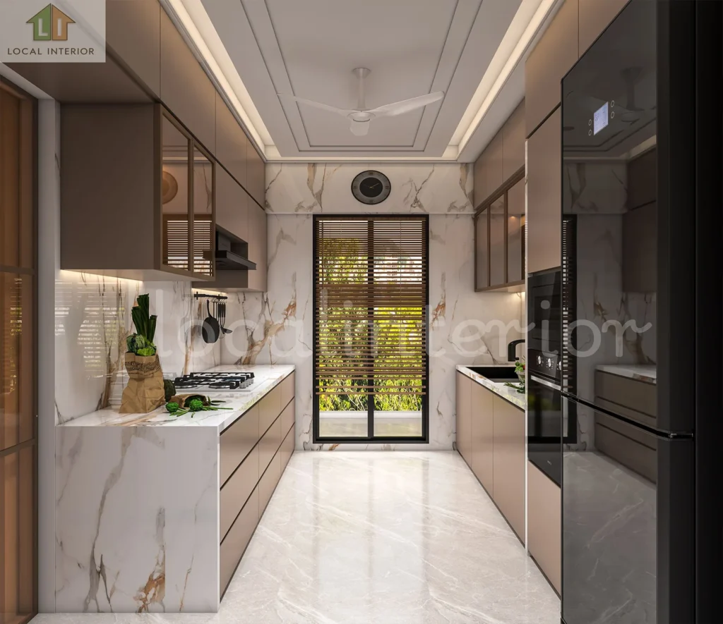 Luxury parallel modular kitchen with marble countertops, modern cabinetry, premium appliances, and contemporary interior design.
