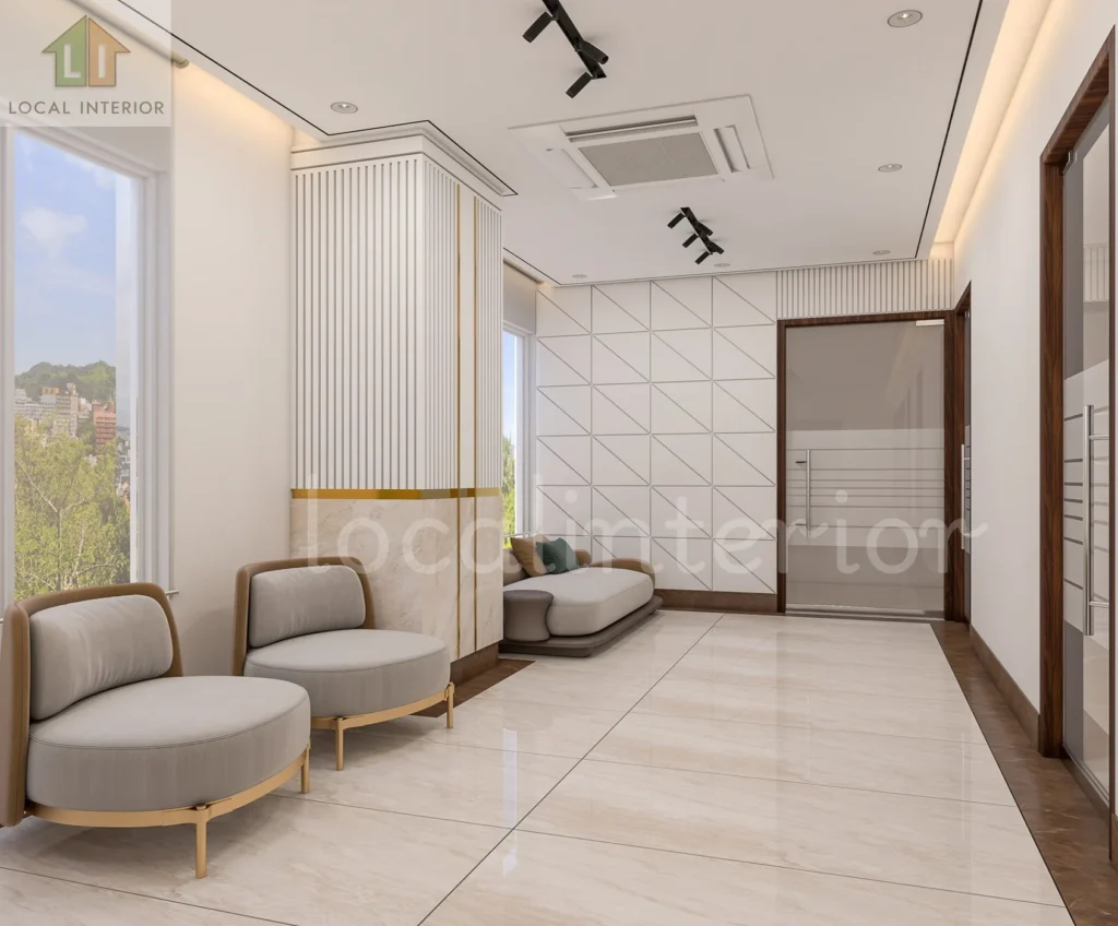 Professional office lounge interior with minimalist seating and sophisticated commercial aesthetics
