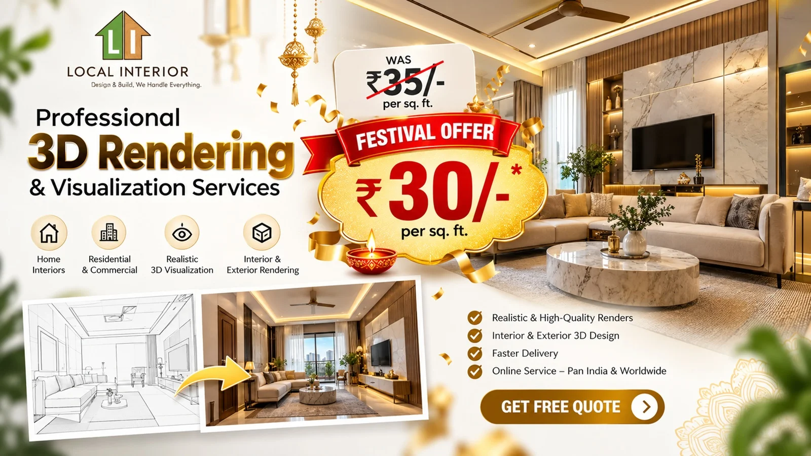 Local Interior festival offer on professional 3D rendering services at ₹30 per sq. ft.
