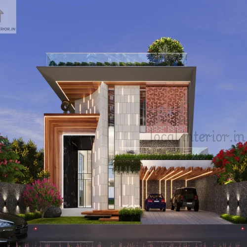 Modern villa side elevation exterior 3D rendering with contemporary architecture