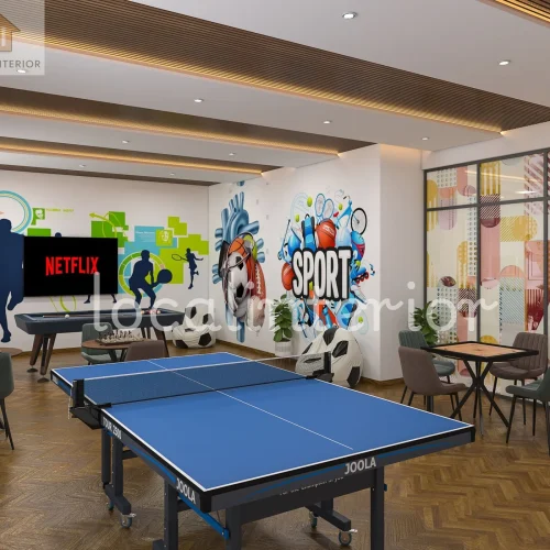 Commercial indoor game zone with table tennis setup and vibrant recreational space