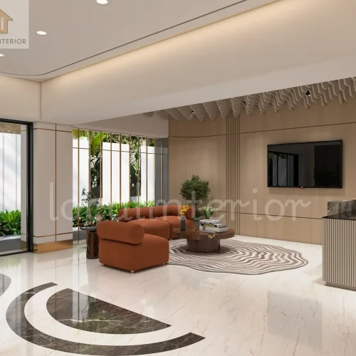 Elegant commercial reception lobby interior with premium finishes and welcoming ambiance