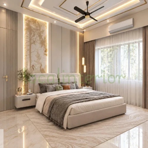 Luxury master bedroom interior showcasing a backlit nature-themed accent wall, upholstered bed, false ceiling lighting, and sheer curtains by Local Interior.