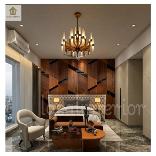 Luxury master bedroom interior with wooden feature wall, upholstered headboard, designer chandelier, and modern furniture.