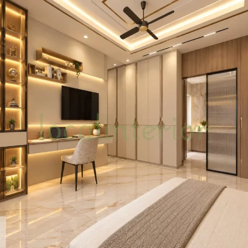Modern bedroom interior design featuring a built-in study desk, wall-mounted TV unit, illuminated display shelving, and custom wardrobes by Local Interior.