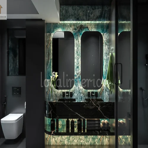 Modern luxury bathroom with dark marble finishes, floating vanity, LED mirror lighting, glass shower partition, and premium fittings.