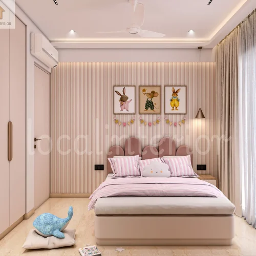 Children's bedroom with pink accents, decorative wallpaper, custom wardrobe, playful artwork, and soft furnishings.