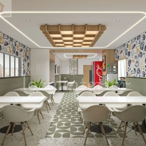 Modern restaurant dining hall with contemporary furniture, patterned flooring, feature ceiling design, decorative wall finishes, and an inviting dining atmosphere.