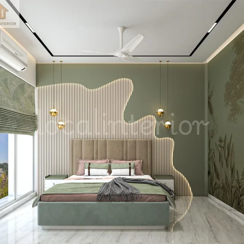 Modern master bedroom with a sage green accent wall, upholstered bed, decorative paneling, pendant lights, and soft ambient lighting